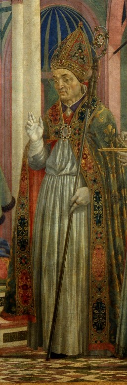 SAN ZANOBI è vestito di una preziosa mitria  in stoffa vellutata sulla quale sono incastonate perle, pietre preziose, placche