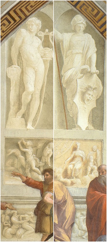 Ai lati del grande tempio sono presenti due grandi colonne, di cui quella a sinistra ha le fattezze di Apollo con in mano una
