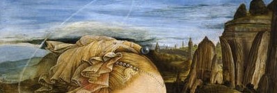 La scena ambientata davanti ad un paesaggio con ampia dilatazione spaziale è tipica della cultura fiamminga