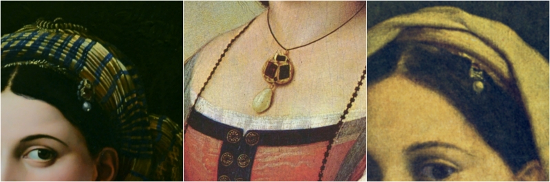 guardando da più vicino il turbante, si vede un piccolo gioiello che pende: era una moda del tempo e Raffaello se ne serve pi