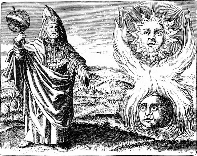 Hermes Trismegistus, atribuído a Stefano di Giovanni. Duomo de Siena, 1488.
Na legenda sob a figura central lê-se “Hermes Mer