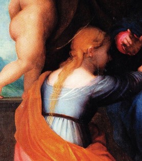 Santa Caterina è voltata verso il Bambino che, sorridente, sta per infilarle l’anello al dito.