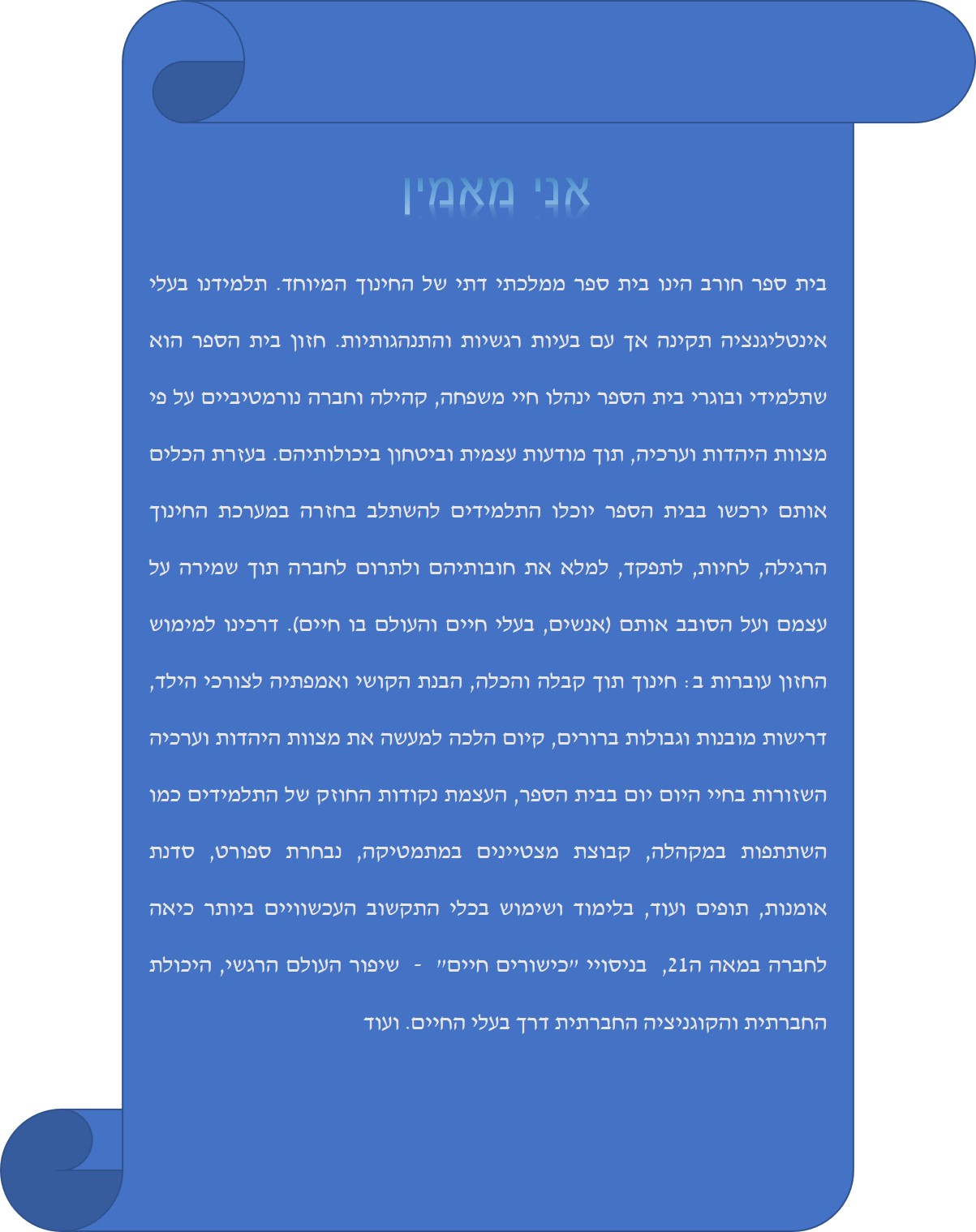 אני מאמין בית ספרי

מצורף קישור לחזון בית הספר באתר העירוני.