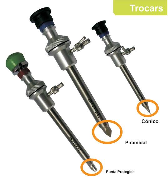 Los trocares son de 2, 3, 5, 10, 12, 15, 18, y 20 mm
