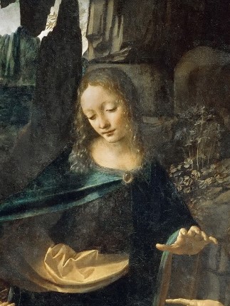 la VERGINE è al centro dell'opera ma non i primo piano, ed abbraccia Giovannino mentre benedice suo Figlio