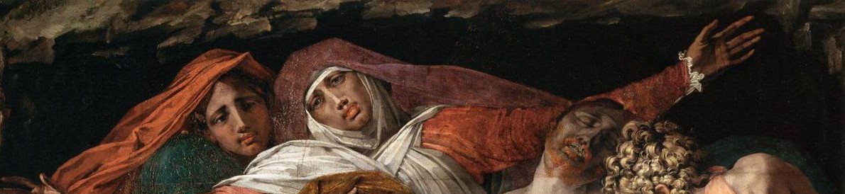 il gruppo si trova sulla soglia del sepolcro, il cui fondo nero blocca la profondità spaziale