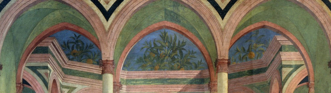 la scena è ambientata di fronte a un loggiato rinascimentale aperto su un giardino del quale sono visibili alcuni alberi di a