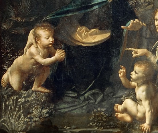 la VERGINE abbraccia Giovanni che è in posizione di adorazione nei confronti di Cristo