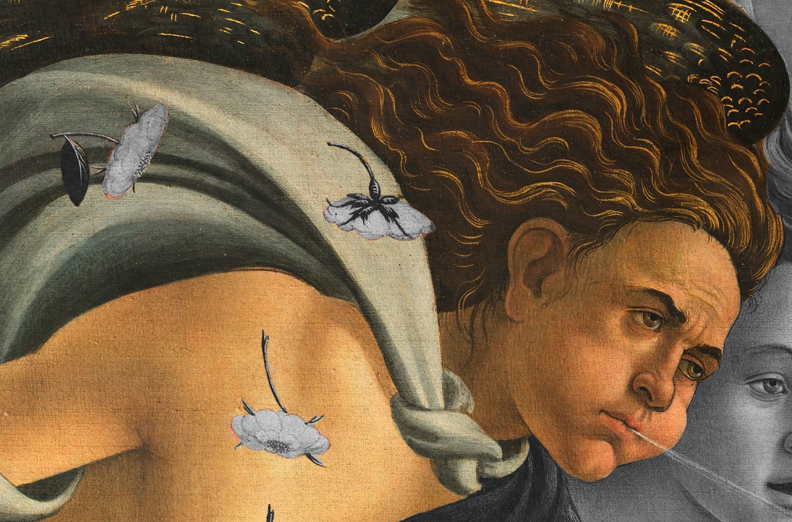ZEFIRO sta indirizzando il suo potente soffio verso la dea, mettendo in mostra il suo bellissimo volto