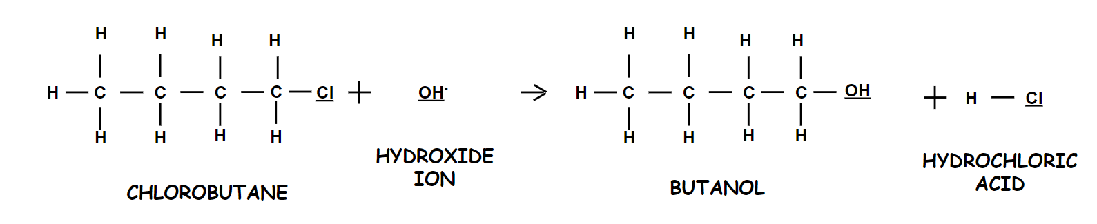 Chlorobutane + Hydroxide Ion --> Butanol + Hydrochloric Acid