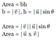 - Using the cross product, area of a parallelogram can be calculated by taking the magnitude between its base and height