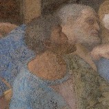 GIUDA, per la prima volta rappresentato insieme agli altri, è girato verso Cristo in seguito ad uno scatto nervoso e PIETRO s