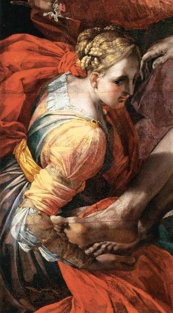la Maddalena, in basso a destra, tiene le gambe sollevate a Gesù