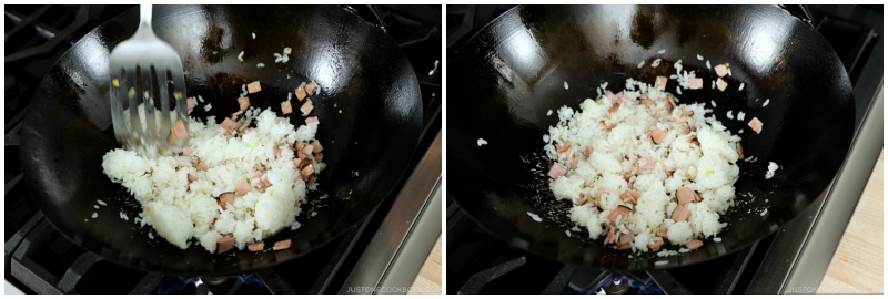 5. Once the eggs are cooked halfway add 2 servings of day-old rice and your desired amount of protein