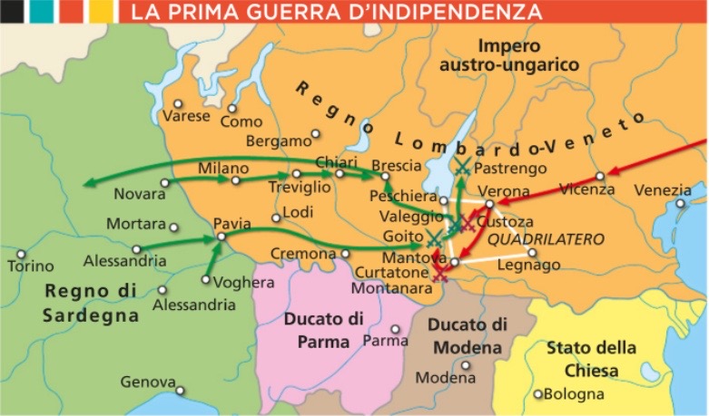 Il re Carlo Alberto di Savoia con la Prima Guerra di Indipendenza riesce a scacciare gli Austriaci e formare un Regno dell'Al