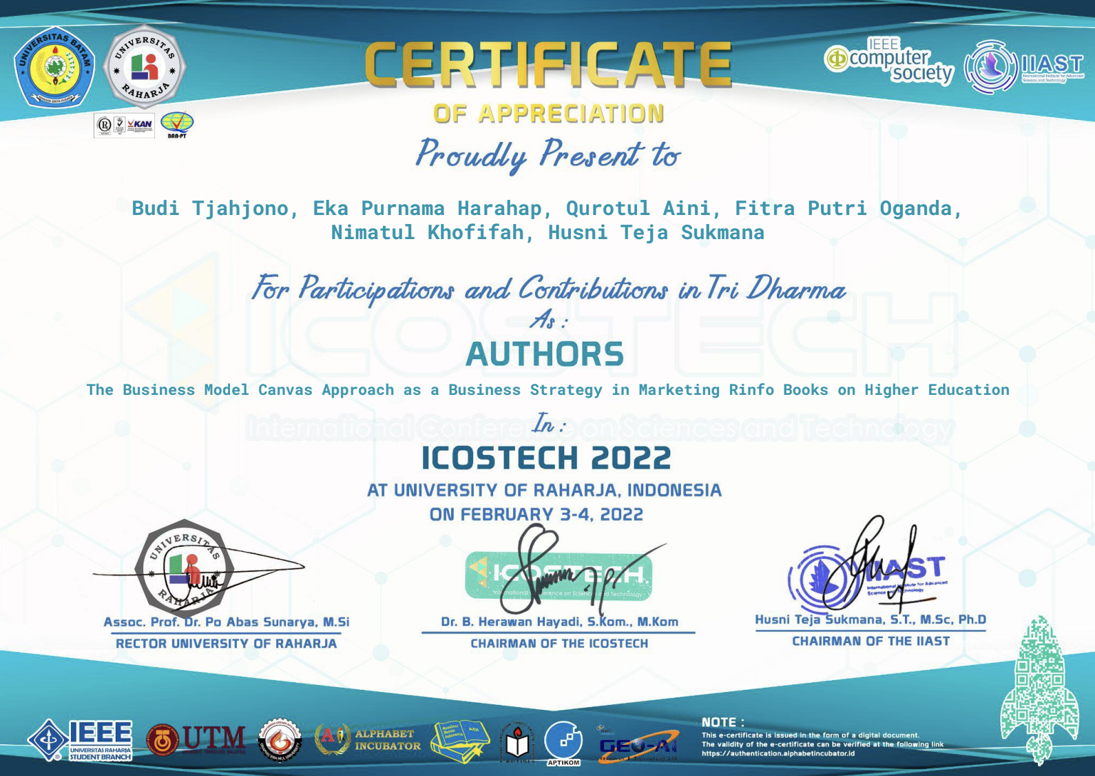ICOSTECH 2022 (SCOPUS CONFERENCE INTERNATIONAL)
Blockchain Technology in the Public Sector by Leveraging the Triumvirate of S