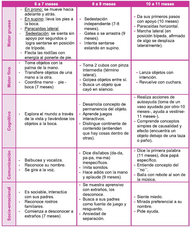 Control 6 y 8 meses (médico o enfermero/a)

- Promover la lactancia materna complementaria
- Buscar síntomas de depresión mat