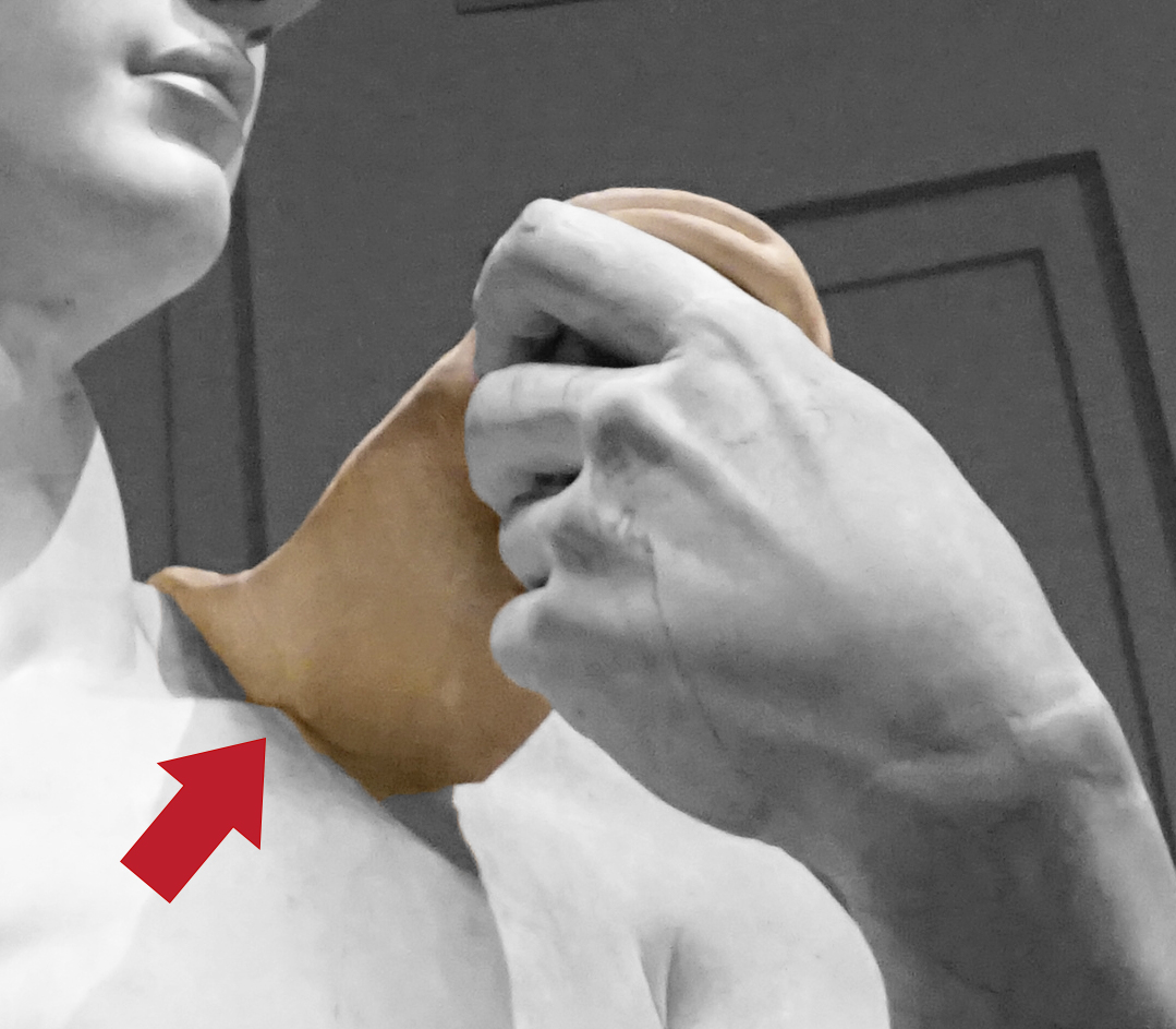 David regge una frombola: si tratta di un’antica fionda che Michelangelo pone sulla spalla vicino al volto del protagonista.