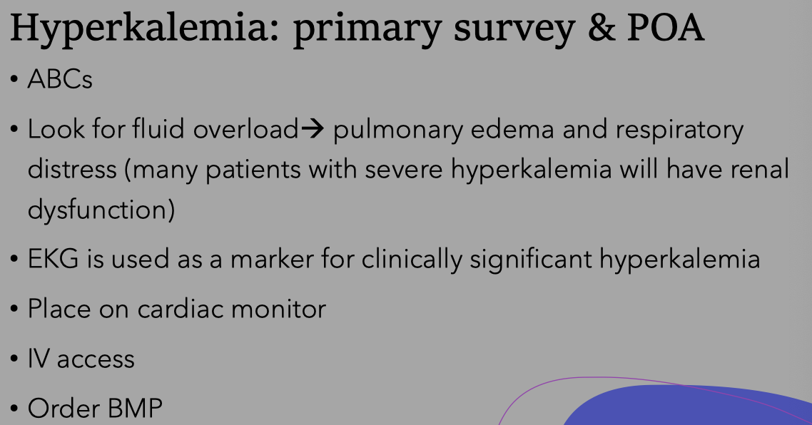 Hyperkalemia: serum K >5.5 mEq/L
MC is pt w/missed dialysis w/ESRD
- changes electrochemical gradient of cells, making muscle