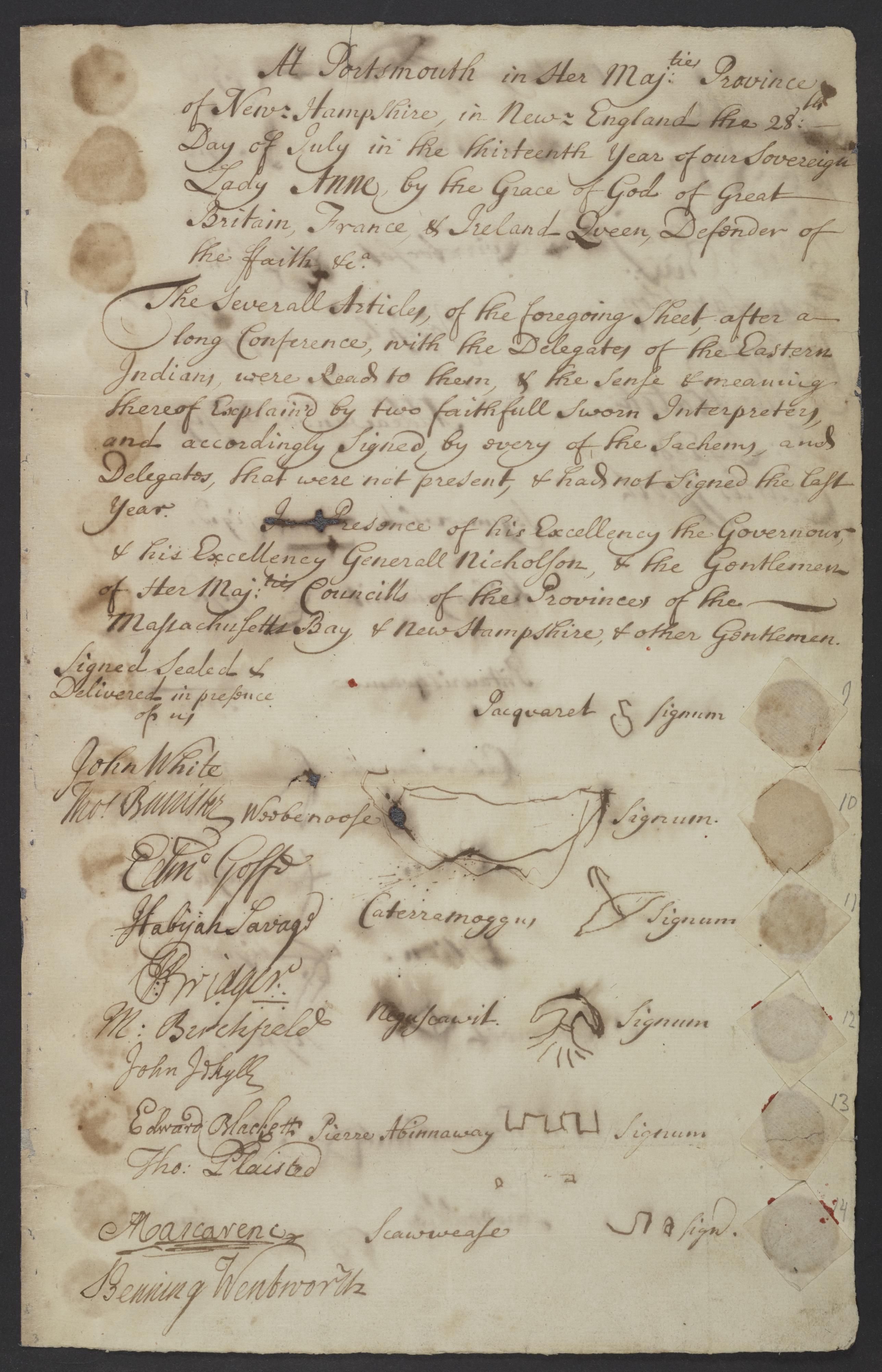 Treaty of Portsmouth is signed on July, 1713. On the eastern coast of Portsmouth. 
The British agree to not build on
 Wabanak