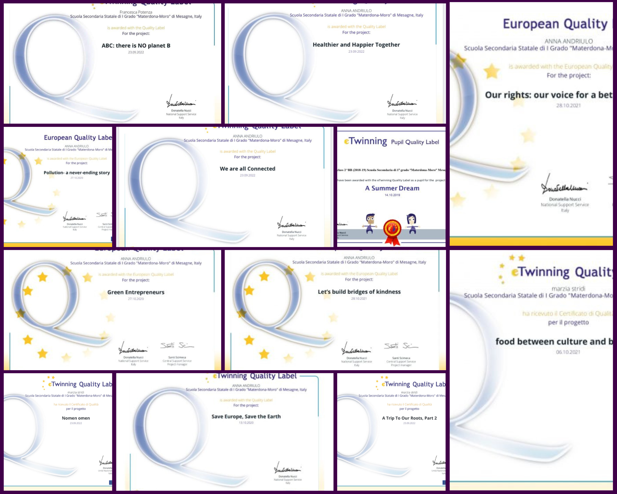 PROGETTI PREMIATI CON QUALITY LABELS NAZIONALI ED EUROPEI