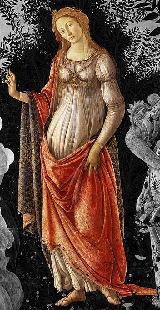 VENERE si trova al centro dell'opera e campeggia contro una pianta di mirto avanzando e offrendosi a chi guarda. DOVREBBE RAP