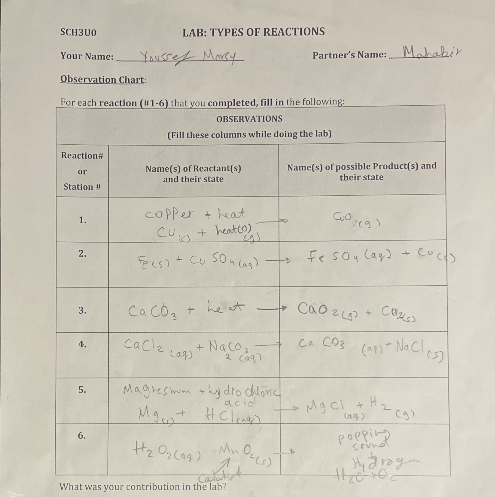 Types of Reactions Lab