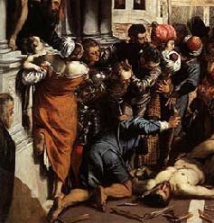 La folla è scossa da un moto violento e le espressioni ricordano quelle della pittura di Michelangelo