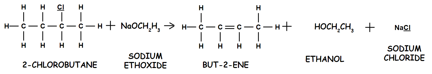 2-Chlorobutane + Sodium Ethoxide --> But-2-ene + Ethanol + Sodium Chloride