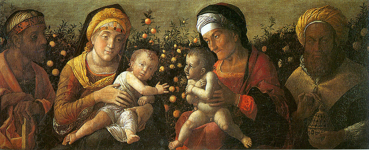 Il dipinto è composto secondo le regole della simmetria, con a sinistra san Giuseppe e Maria col Bambino tra le braccia, a cu