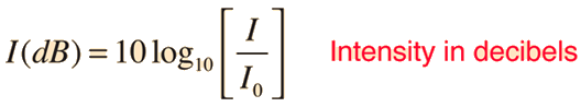 The equation for sound intensity: where I = sound energy and I0 = 1x10^-12W/m^2 (the threshold for human hearing)