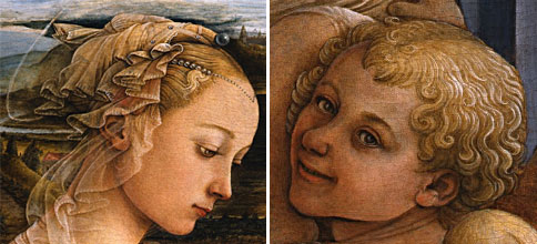 Il volto della Madonna, in atteggiamento di adorazione del suo Bambino, si presenta carico di malinconia, come voler allontan