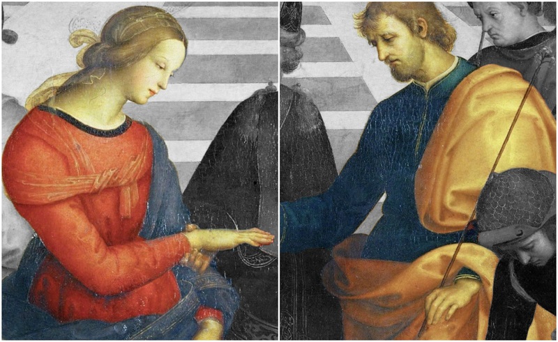 le tonalità di cui si serve Raffaello sono molti, ma saltano subito all’occhio il rosso acceso della veste della Vergine ed i