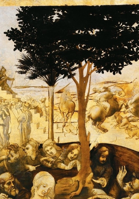 gli ALBERI di alloro e palma sono ben evidenti a causa del loro colore acceso e alludono al destino del bambino: alloro-trion