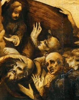 dietro ai magi, una folla di CONTADINI appare stupita e meravigliata per l'avvento di Gesù: l'espressività dei caratteri è ev
