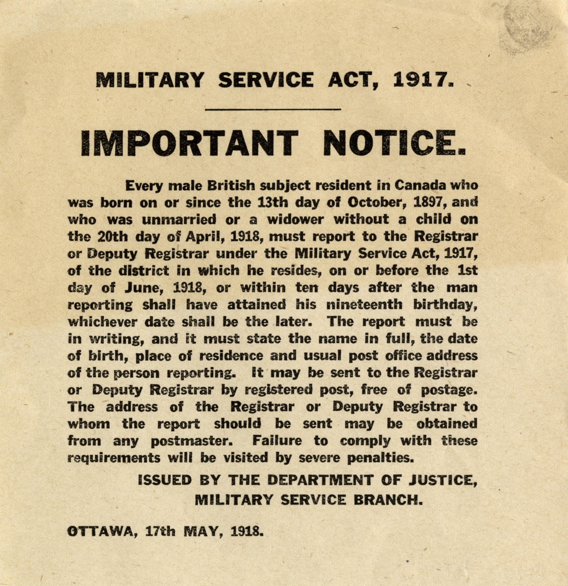 Potential Artifact (Physical):
A poster that describes the Military Service Act of 1917, which enabled the mandatory conscrip