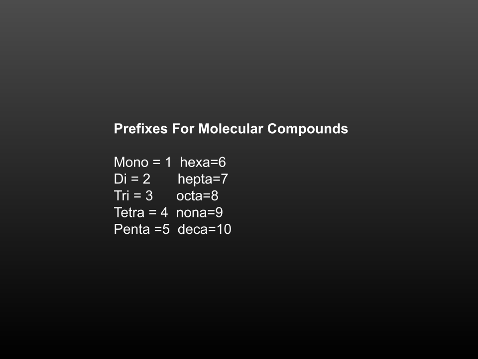 Molecular/Covalant Compounds
Molecular compounds are compounds formed of 2 or more non-metals which share valence electrons (