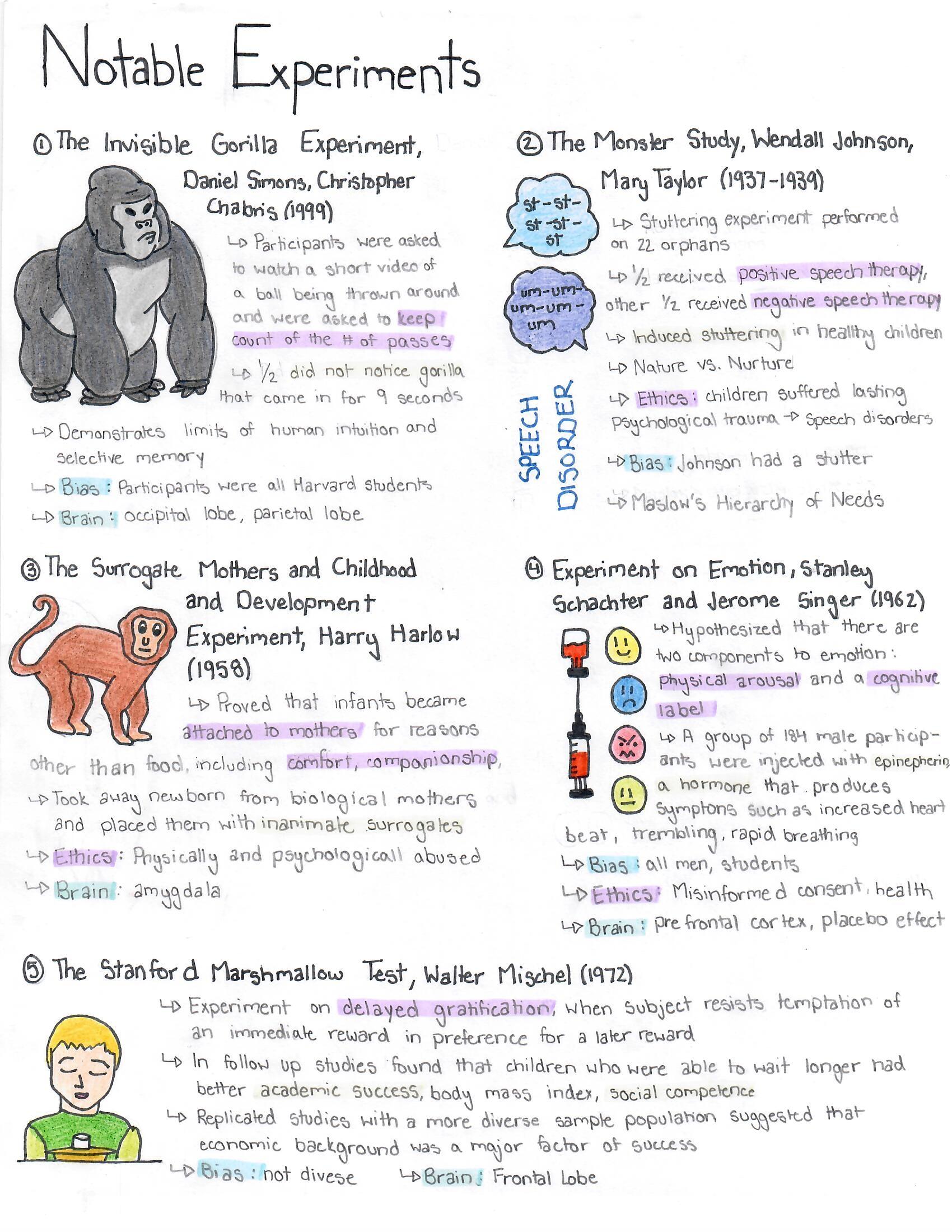 The Invisible Gorilla Experiment , The Monster Study, The surrogate Mother, Experiment on Emotion, The Marshmallow Test